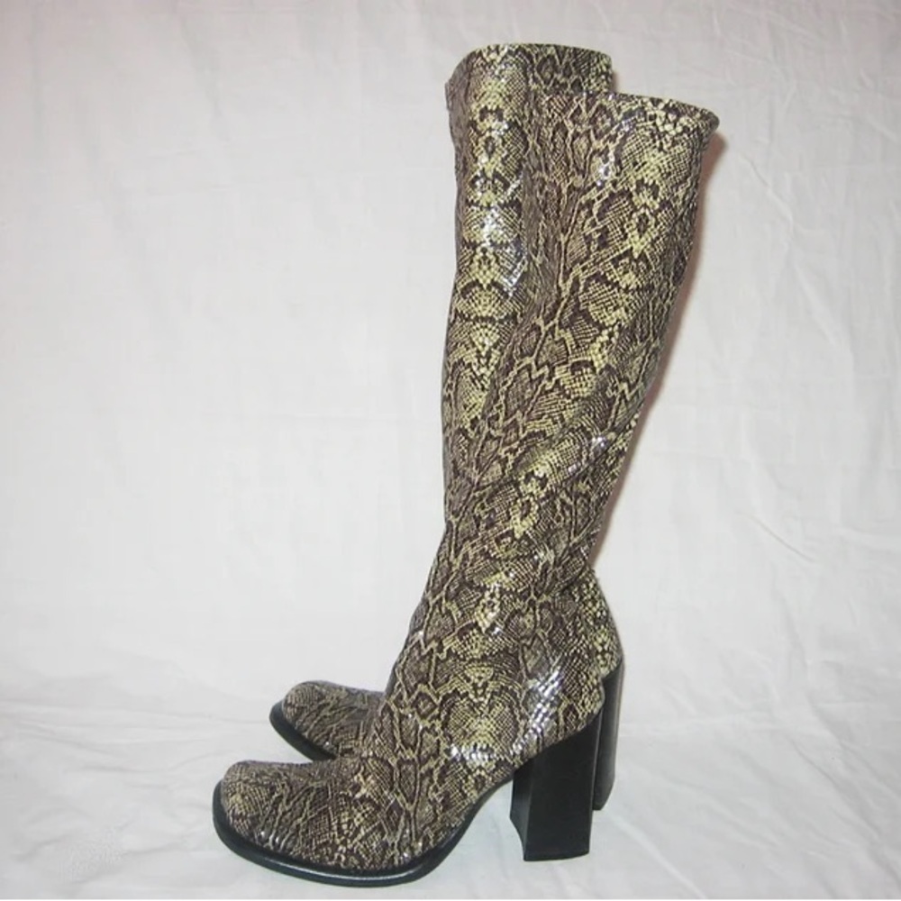 Women's Snake-Print Over-the-Knee Block Heel Boots - Brown/Beige